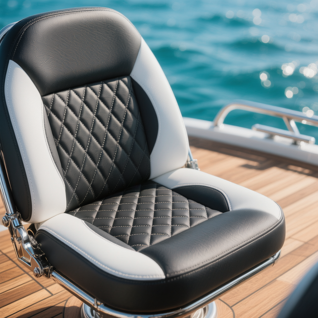 Front helm seat black Bentley stitching marine upholstery Blue Note Upholstery